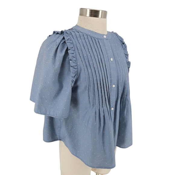 JOIE Shirt Blue Polka Dot Pleated Ruffle Short Sleeve Button Up Top Blouse Small - Picture 2 of 7